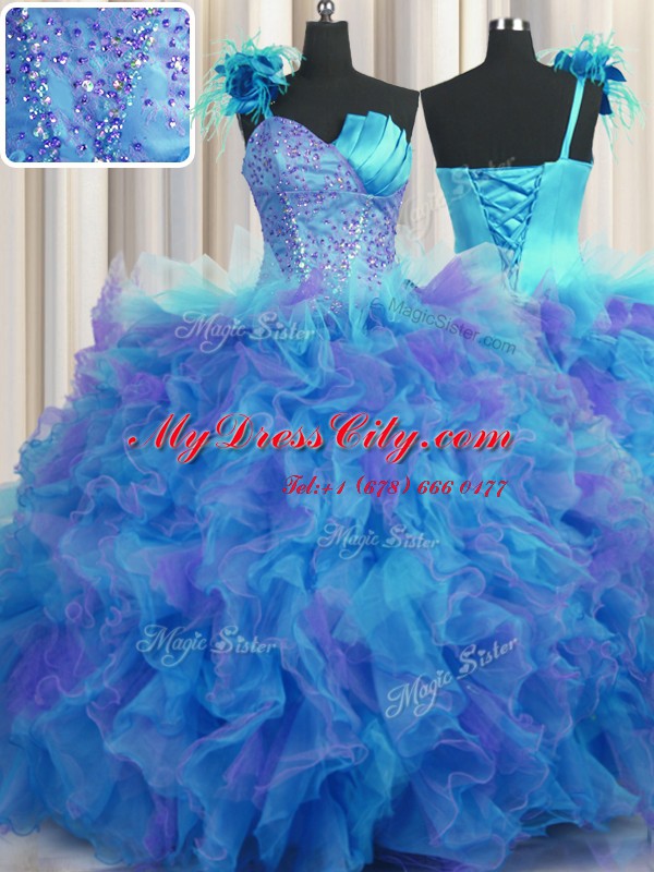 Nice Handcrafted Flower One Shoulder Sleeveless Quinceanera Gowns Floor Length Beading and Ruffles and Hand Made Flower Multi-color Tulle