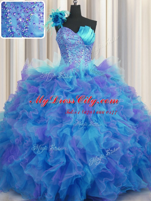 Nice Handcrafted Flower One Shoulder Sleeveless Quinceanera Gowns Floor Length Beading and Ruffles and Hand Made Flower Multi-color Tulle