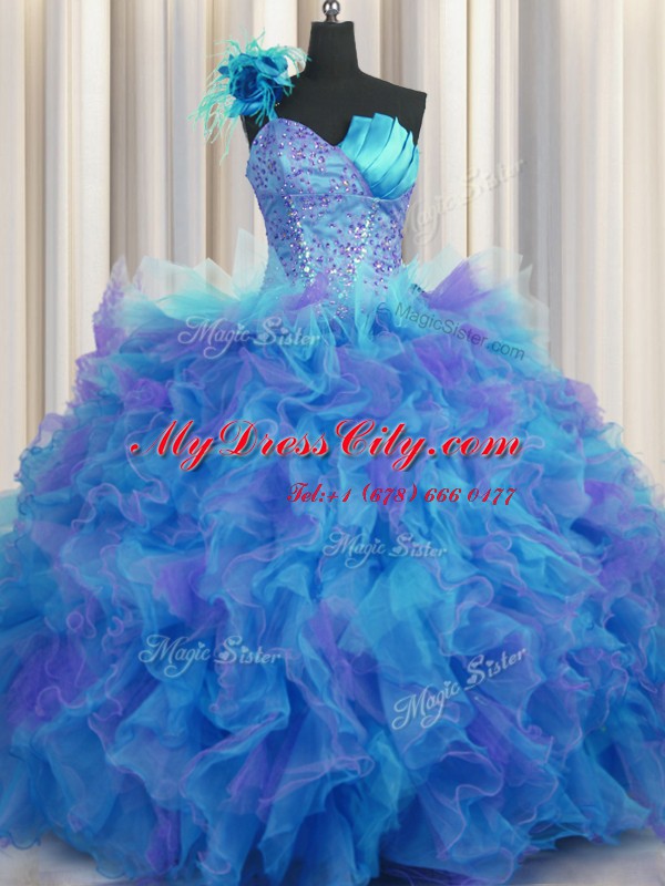 Nice Handcrafted Flower One Shoulder Sleeveless Quinceanera Gowns Floor Length Beading and Ruffles and Hand Made Flower Multi-color Tulle