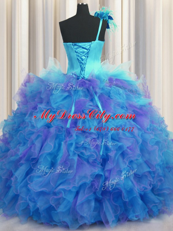 Nice Handcrafted Flower One Shoulder Sleeveless Quinceanera Gowns Floor Length Beading and Ruffles and Hand Made Flower Multi-color Tulle