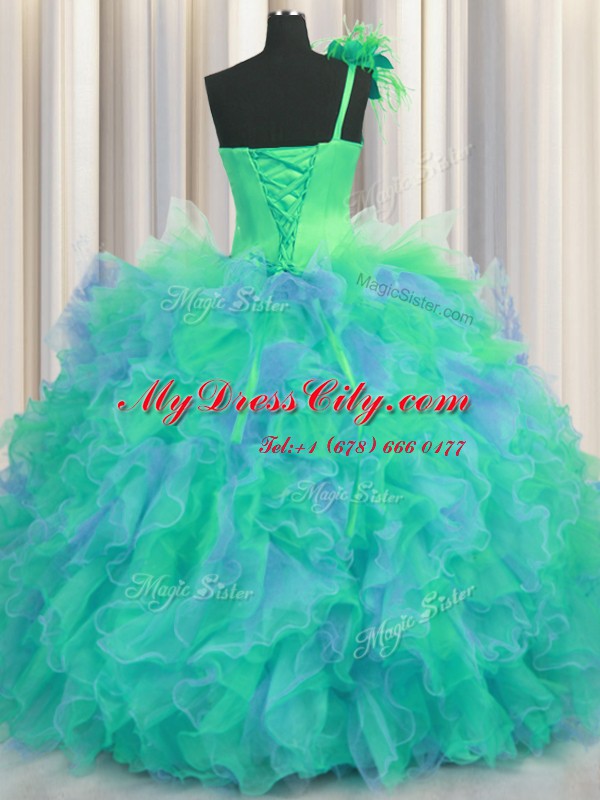 Handcrafted Flower One Shoulder Sleeveless Lace Up 15 Quinceanera Dress Multi-color Tulle