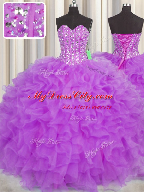 Fine Visible Boning Purple Lace Up Quinceanera Dresses Beading and Ruffles and Sashes ribbons Sleeveless Floor Length