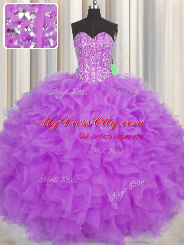 Fine Visible Boning Purple Lace Up Quinceanera Dresses Beading and Ruffles and Sashes ribbons Sleeveless Floor Length