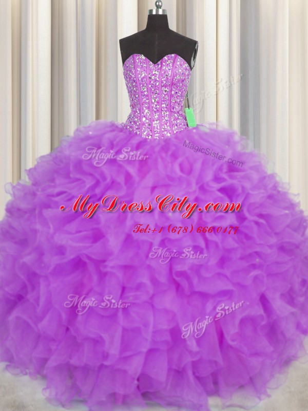 Fine Visible Boning Purple Lace Up Quinceanera Dresses Beading and Ruffles and Sashes ribbons Sleeveless Floor Length