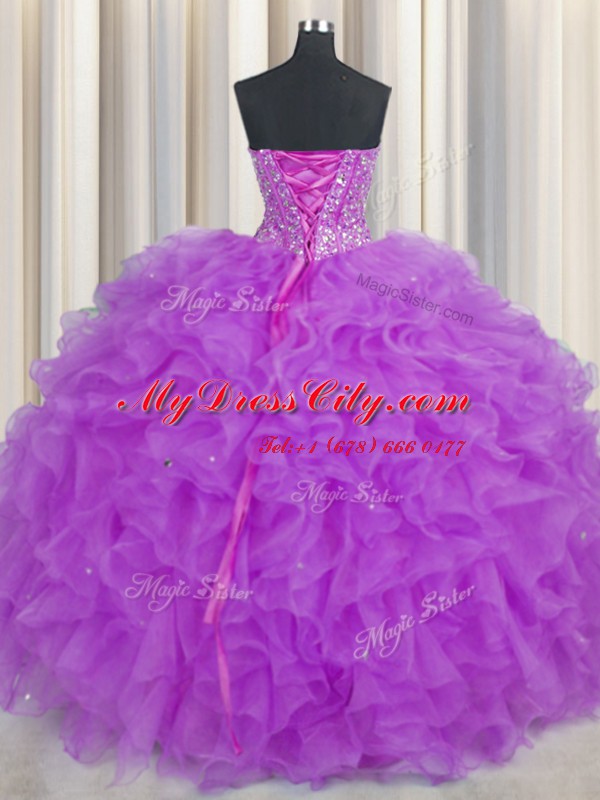 Fine Visible Boning Purple Lace Up Quinceanera Dresses Beading and Ruffles and Sashes ribbons Sleeveless Floor Length