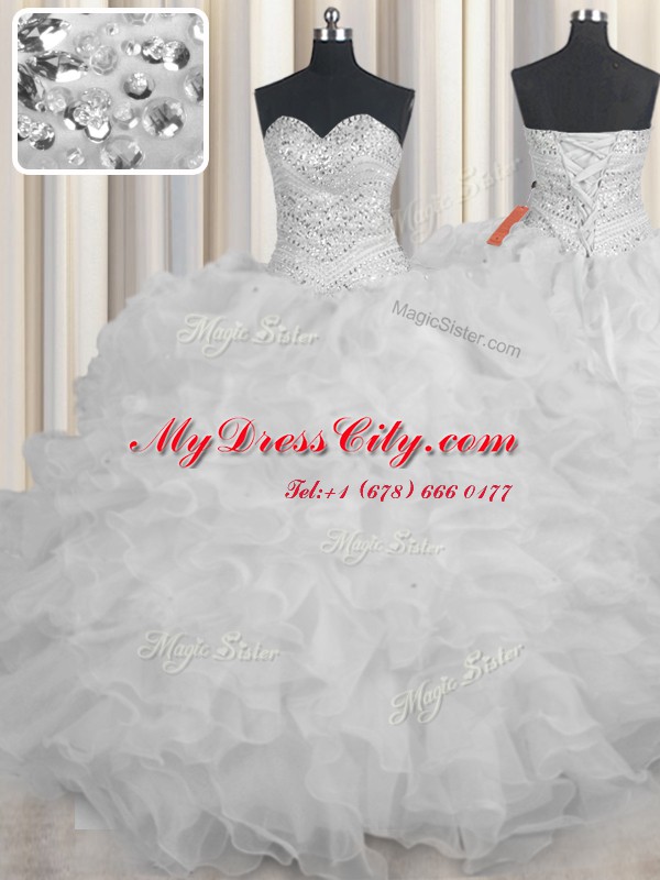 Chic White Lace Up Quinceanera Gown Beading and Ruffles Sleeveless Floor Length