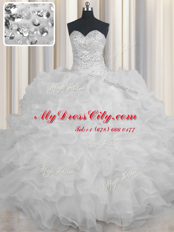 Chic White Lace Up Quinceanera Gown Beading and Ruffles Sleeveless Floor Length