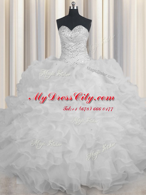 Chic White Lace Up Quinceanera Gown Beading and Ruffles Sleeveless Floor Length