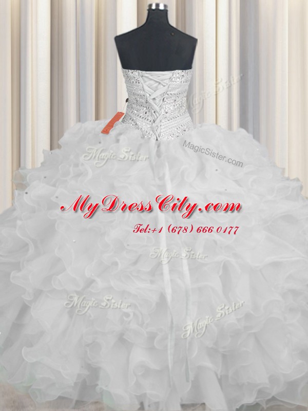 Chic White Lace Up Quinceanera Gown Beading and Ruffles Sleeveless Floor Length