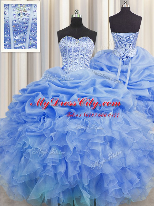 Visible Boning Blue Ball Gowns Beading and Ruffles and Pick Ups Vestidos de Quinceanera Lace Up Organza Sleeveless Floor Length