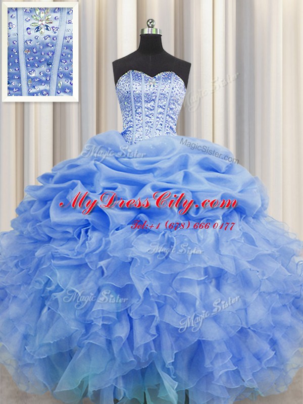 Visible Boning Blue Ball Gowns Beading and Ruffles and Pick Ups Vestidos de Quinceanera Lace Up Organza Sleeveless Floor Length