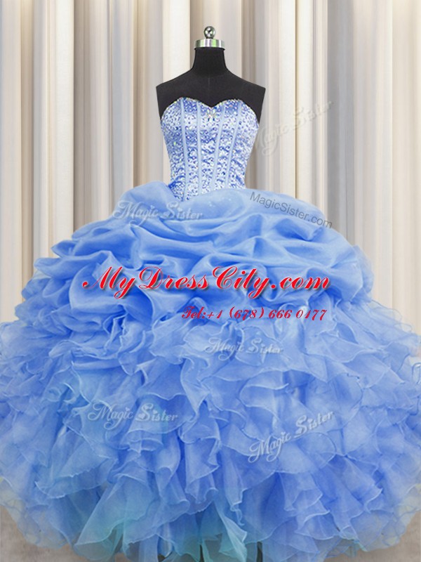 Visible Boning Blue Ball Gowns Beading and Ruffles and Pick Ups Vestidos de Quinceanera Lace Up Organza Sleeveless Floor Length