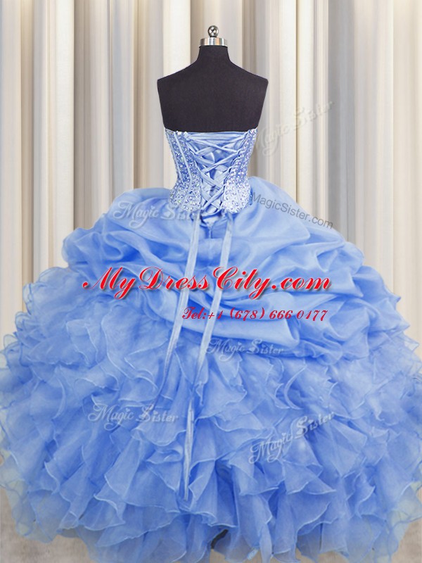 Visible Boning Blue Ball Gowns Beading and Ruffles and Pick Ups Vestidos de Quinceanera Lace Up Organza Sleeveless Floor Length