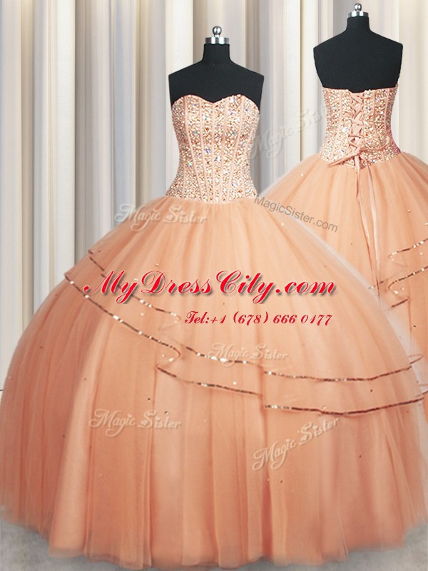 Customized Visible Boning Really Puffy Beading and Ruching Quince Ball Gowns Peach Lace Up Sleeveless Floor Length