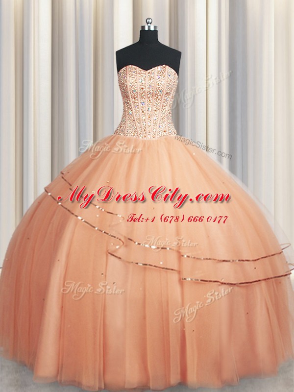 Customized Visible Boning Really Puffy Beading and Ruching Quince Ball Gowns Peach Lace Up Sleeveless Floor Length