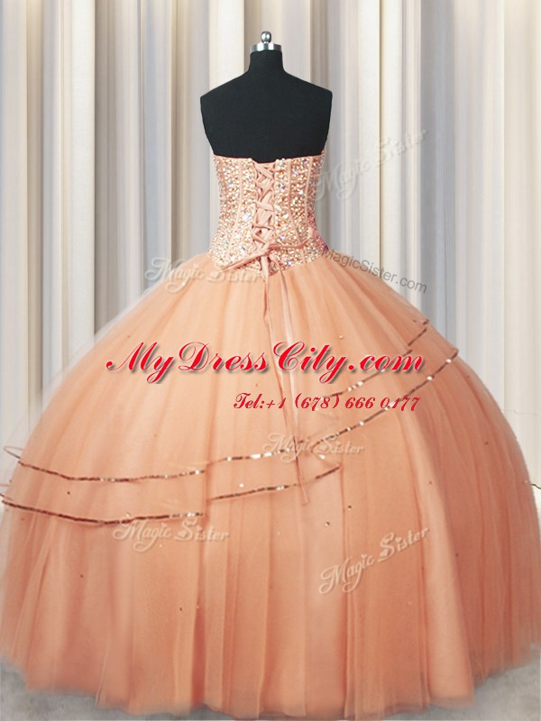 Customized Visible Boning Really Puffy Beading and Ruching Quince Ball Gowns Peach Lace Up Sleeveless Floor Length