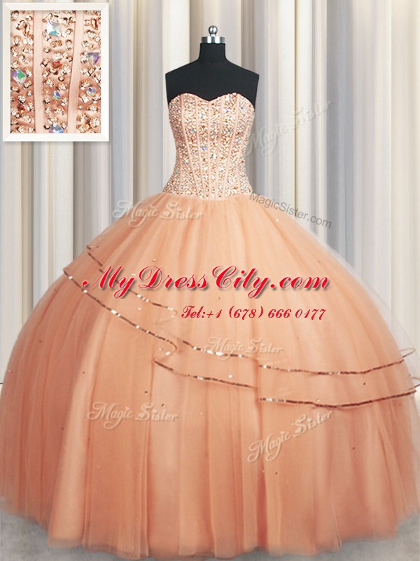 Customized Visible Boning Really Puffy Beading and Ruching Quince Ball Gowns Peach Lace Up Sleeveless Floor Length