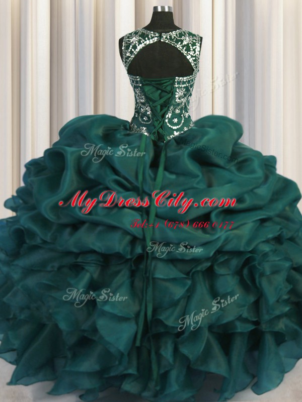 Custom Fit Scoop See Through Sleeveless Organza Floor Length Lace Up Sweet 16 Quinceanera Dress in Teal with Beading and Sequins and Pick Ups