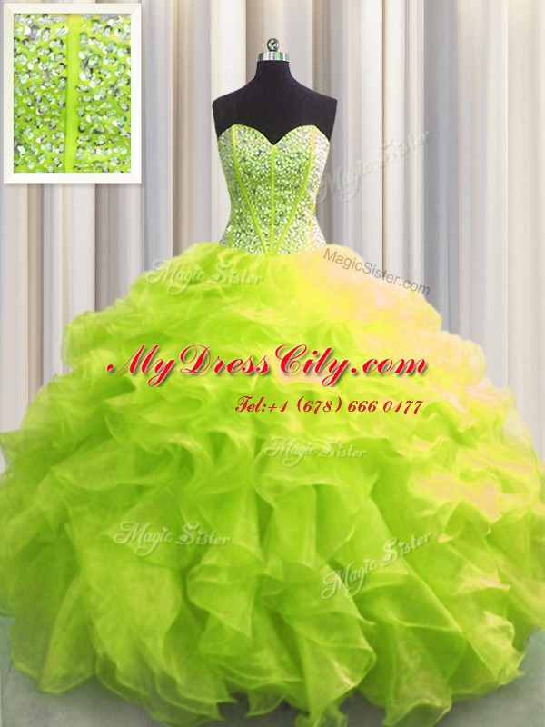 Noble Visible Boning Yellow Green Sleeveless Organza Lace Up Vestidos de Quinceanera for Military Ball and Sweet 16 and Quinceanera