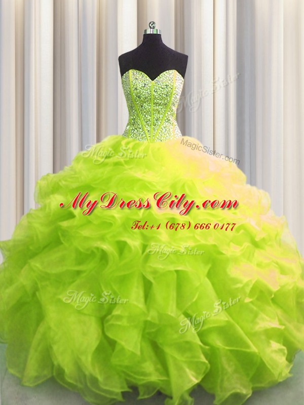 Noble Visible Boning Yellow Green Sleeveless Organza Lace Up Vestidos de Quinceanera for Military Ball and Sweet 16 and Quinceanera