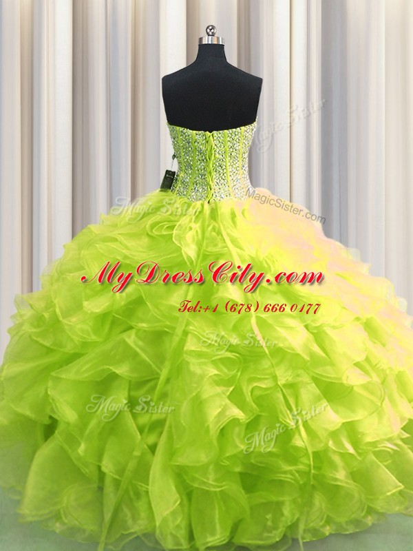 Noble Visible Boning Yellow Green Sleeveless Organza Lace Up Vestidos de Quinceanera for Military Ball and Sweet 16 and Quinceanera