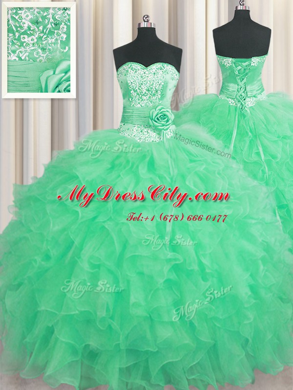 Custom Designed Handcrafted Flower Organza Sleeveless Floor Length 15th Birthday Dress and Beading and Ruffles and Hand Made Flower