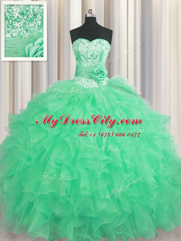 Custom Designed Handcrafted Flower Organza Sleeveless Floor Length 15th Birthday Dress and Beading and Ruffles and Hand Made Flower