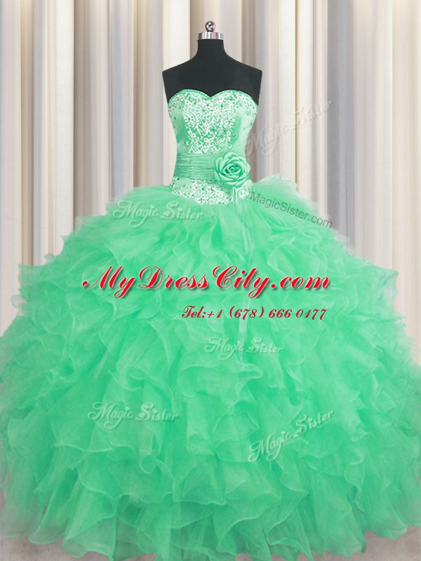 Custom Designed Handcrafted Flower Organza Sleeveless Floor Length 15th Birthday Dress and Beading and Ruffles and Hand Made Flower