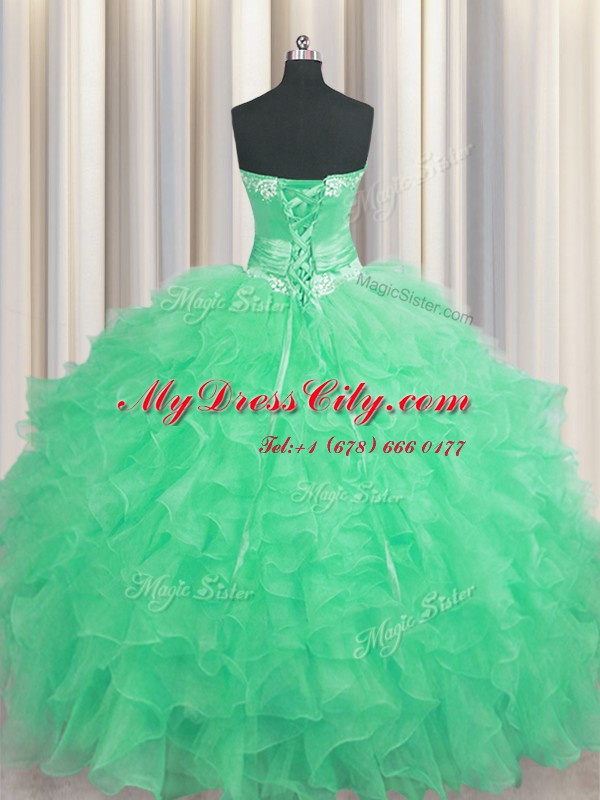 Custom Designed Handcrafted Flower Organza Sleeveless Floor Length 15th Birthday Dress and Beading and Ruffles and Hand Made Flower