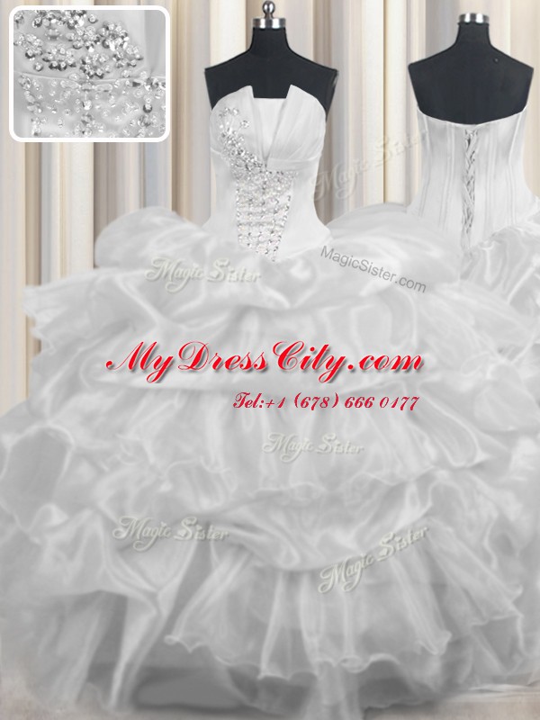 Sleeveless Organza Floor Length Lace Up 15th Birthday Dress in White with Beading and Ruffled Layers and Pick Ups