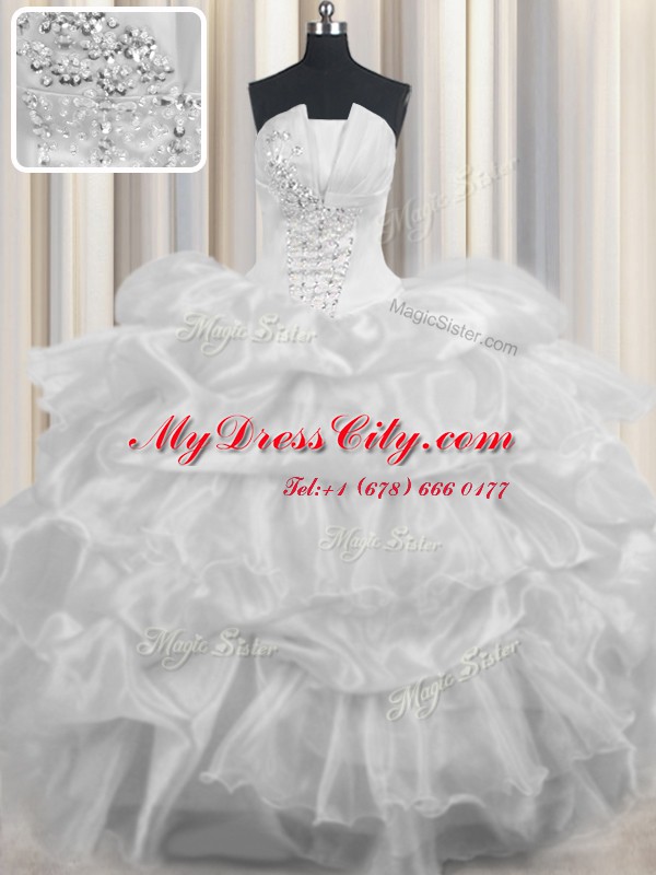 Sleeveless Organza Floor Length Lace Up 15th Birthday Dress in White with Beading and Ruffled Layers and Pick Ups