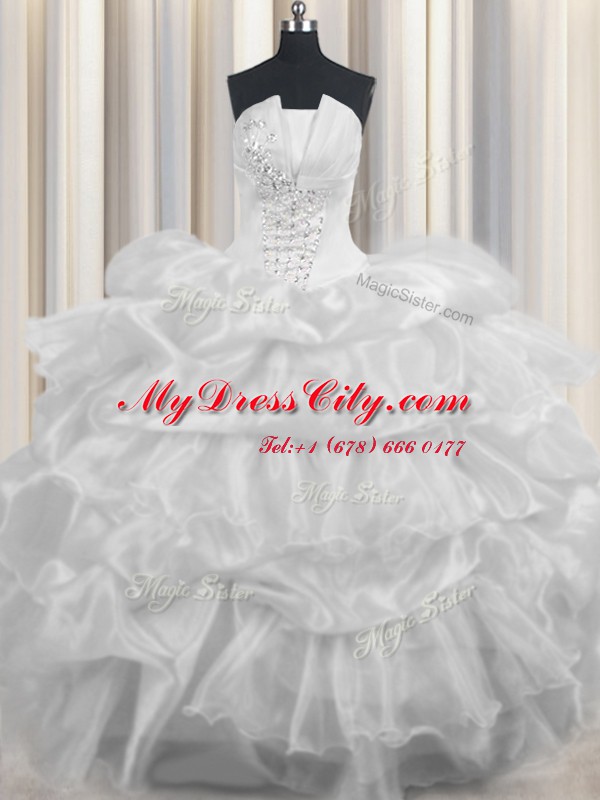 Sleeveless Organza Floor Length Lace Up 15th Birthday Dress in White with Beading and Ruffled Layers and Pick Ups