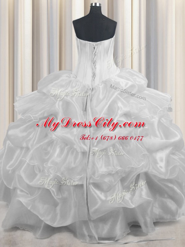 Sleeveless Organza Floor Length Lace Up 15th Birthday Dress in White with Beading and Ruffled Layers and Pick Ups