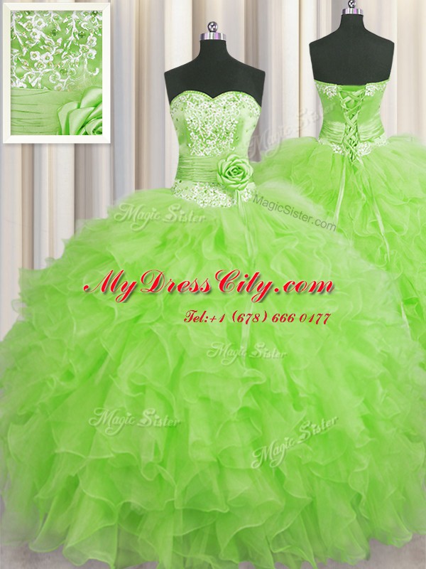 Handcrafted Flower Sweetheart Sleeveless Organza Vestidos de Quinceanera Beading and Ruffles and Hand Made Flower Lace Up