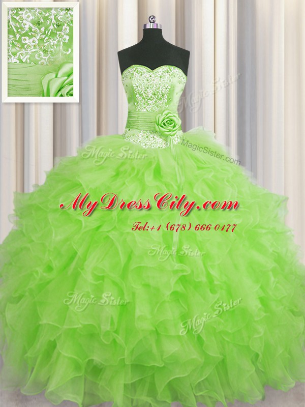 Handcrafted Flower Sweetheart Sleeveless Organza Vestidos de Quinceanera Beading and Ruffles and Hand Made Flower Lace Up