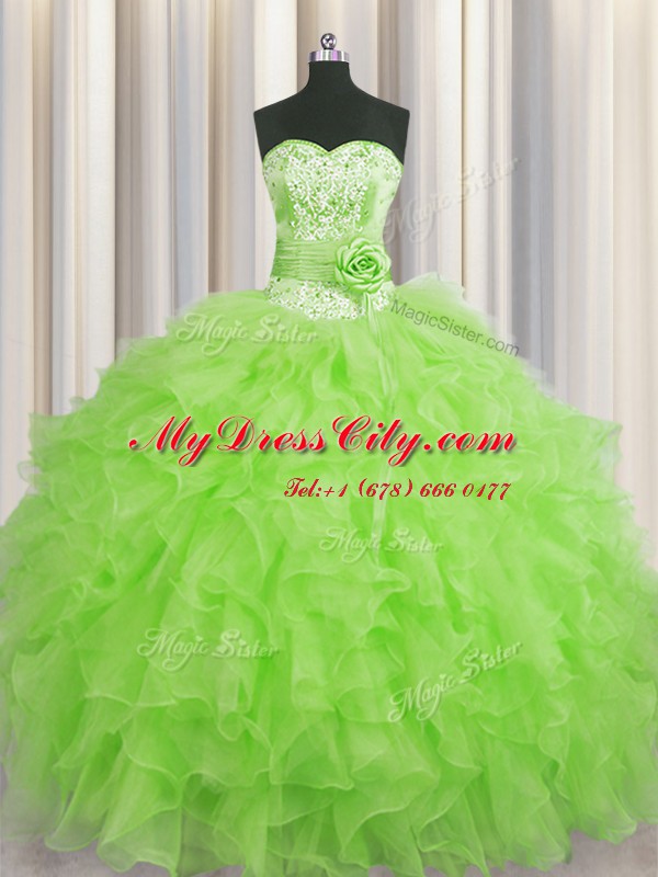 Handcrafted Flower Sweetheart Sleeveless Organza Vestidos de Quinceanera Beading and Ruffles and Hand Made Flower Lace Up