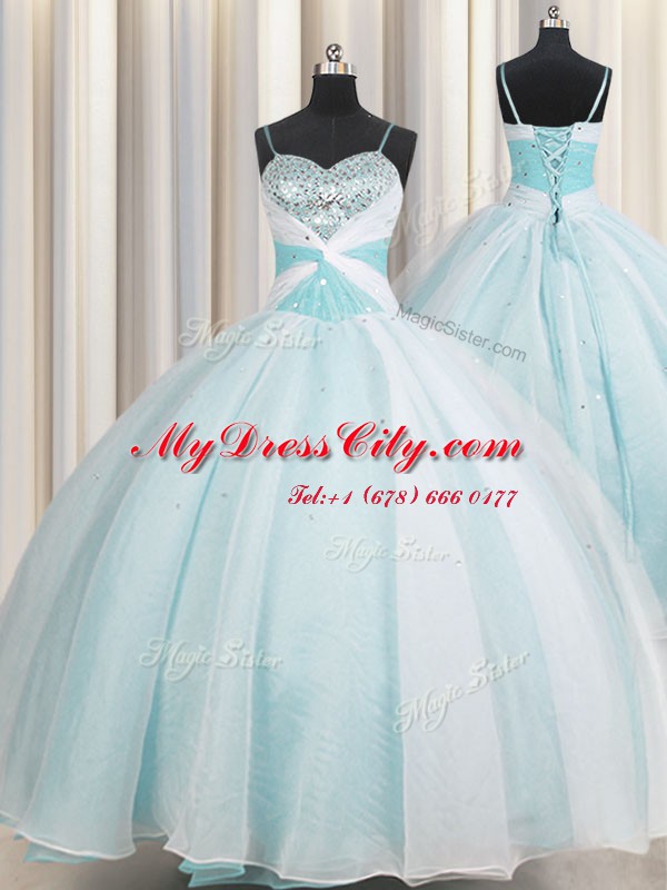 Cute Spaghetti Straps Aqua Blue Sleeveless Floor Length Beading and Ruching Lace Up Quince Ball Gowns