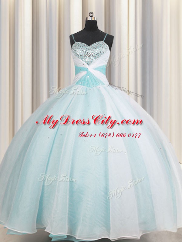 Cute Spaghetti Straps Aqua Blue Sleeveless Floor Length Beading and Ruching Lace Up Quince Ball Gowns