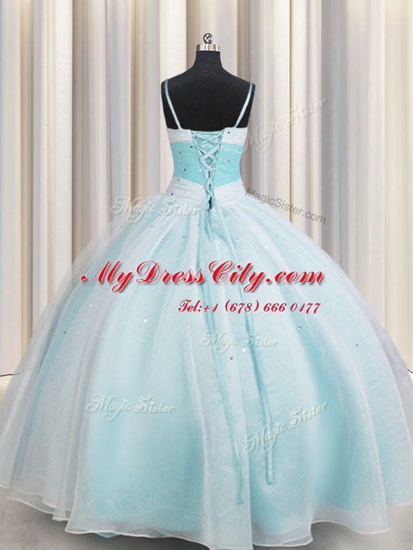 Cute Spaghetti Straps Aqua Blue Sleeveless Floor Length Beading and Ruching Lace Up Quince Ball Gowns