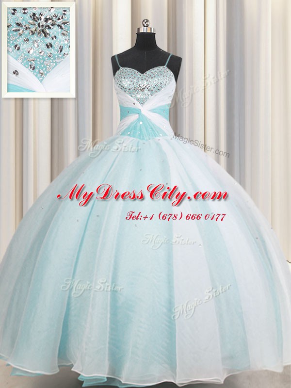 Cute Spaghetti Straps Aqua Blue Sleeveless Floor Length Beading and Ruching Lace Up Quince Ball Gowns