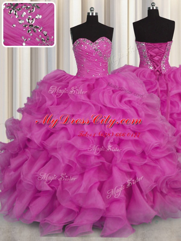 Traditional Organza Sleeveless Floor Length 15 Quinceanera Dress and Beading and Ruffles