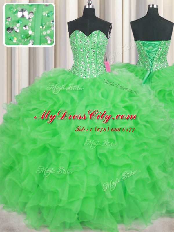 Visible Boning Floor Length Ball Gowns Sleeveless Green Sweet 16 Dress Lace Up