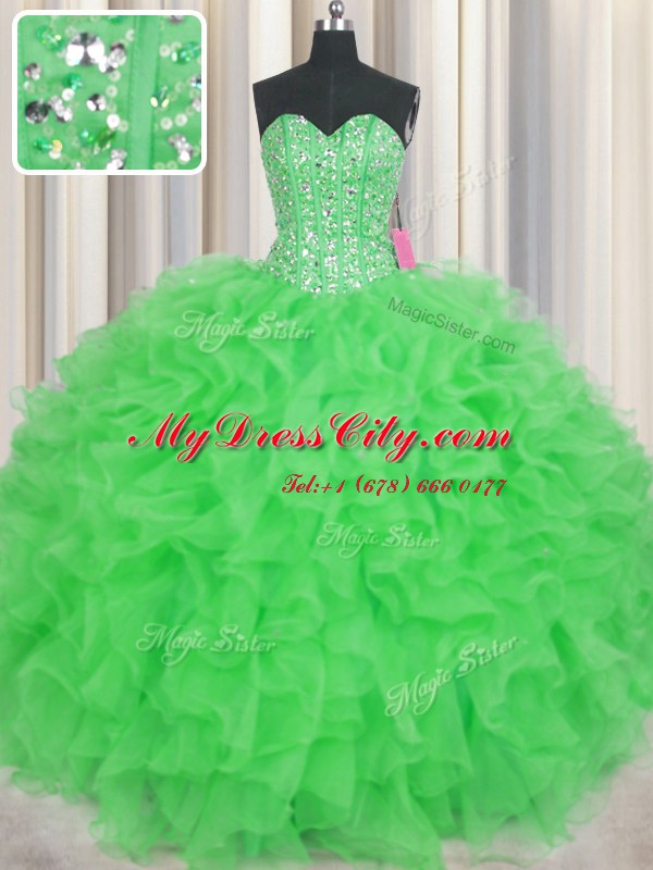 Visible Boning Floor Length Ball Gowns Sleeveless Green Sweet 16 Dress Lace Up