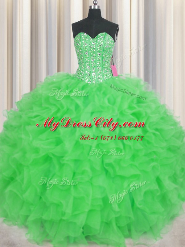 Visible Boning Floor Length Ball Gowns Sleeveless Green Sweet 16 Dress Lace Up