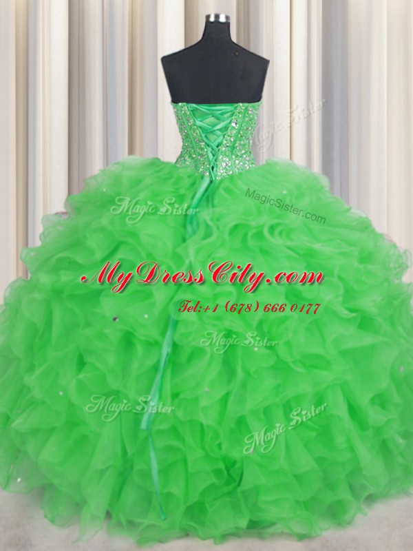 Visible Boning Floor Length Ball Gowns Sleeveless Green Sweet 16 Dress Lace Up