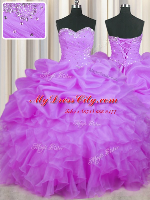 Organza Sweetheart Sleeveless Lace Up Beading and Ruffles and Pick Ups Sweet 16 Dresses in Purple