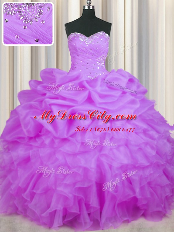 Organza Sweetheart Sleeveless Lace Up Beading and Ruffles and Pick Ups Sweet 16 Dresses in Purple