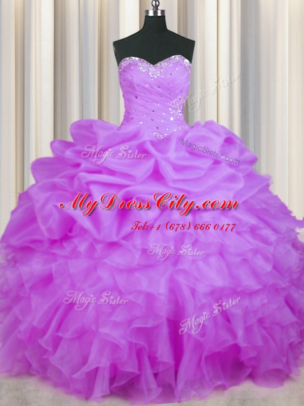 Organza Sweetheart Sleeveless Lace Up Beading and Ruffles and Pick Ups Sweet 16 Dresses in Purple