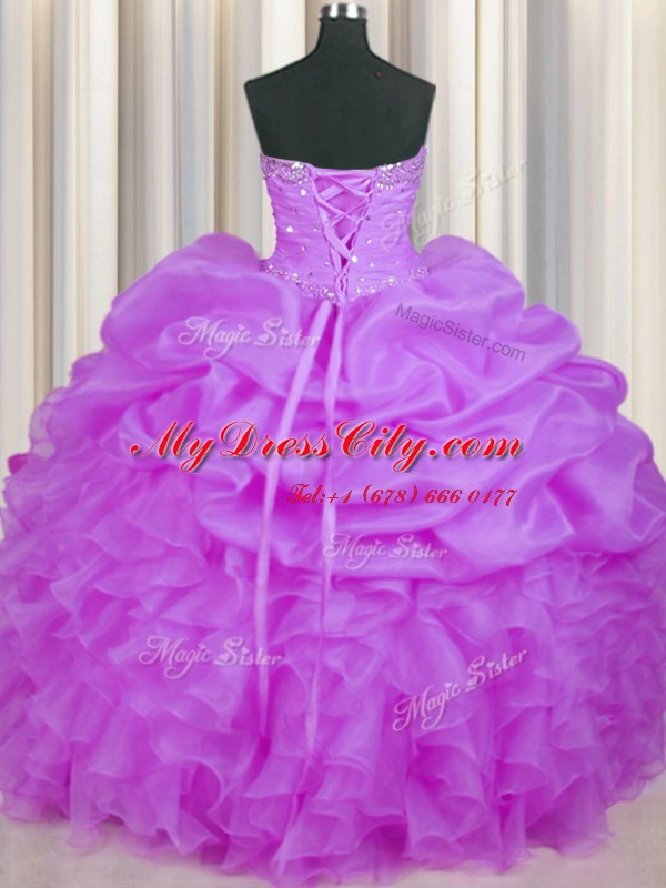 Organza Sweetheart Sleeveless Lace Up Beading and Ruffles and Pick Ups Sweet 16 Dresses in Purple