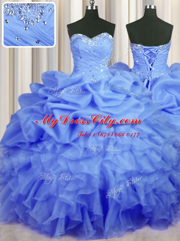 Floor Length Blue Vestidos de Quinceanera Organza Sleeveless Beading and Ruffles and Ruching and Pick Ups